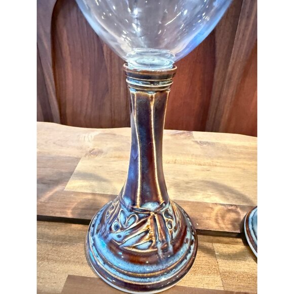 Vtg. Set of 2 Handcrafted Pottery Stoneware Wine Glasses Goblets Chalice SIGNED - Picture 5 of 8